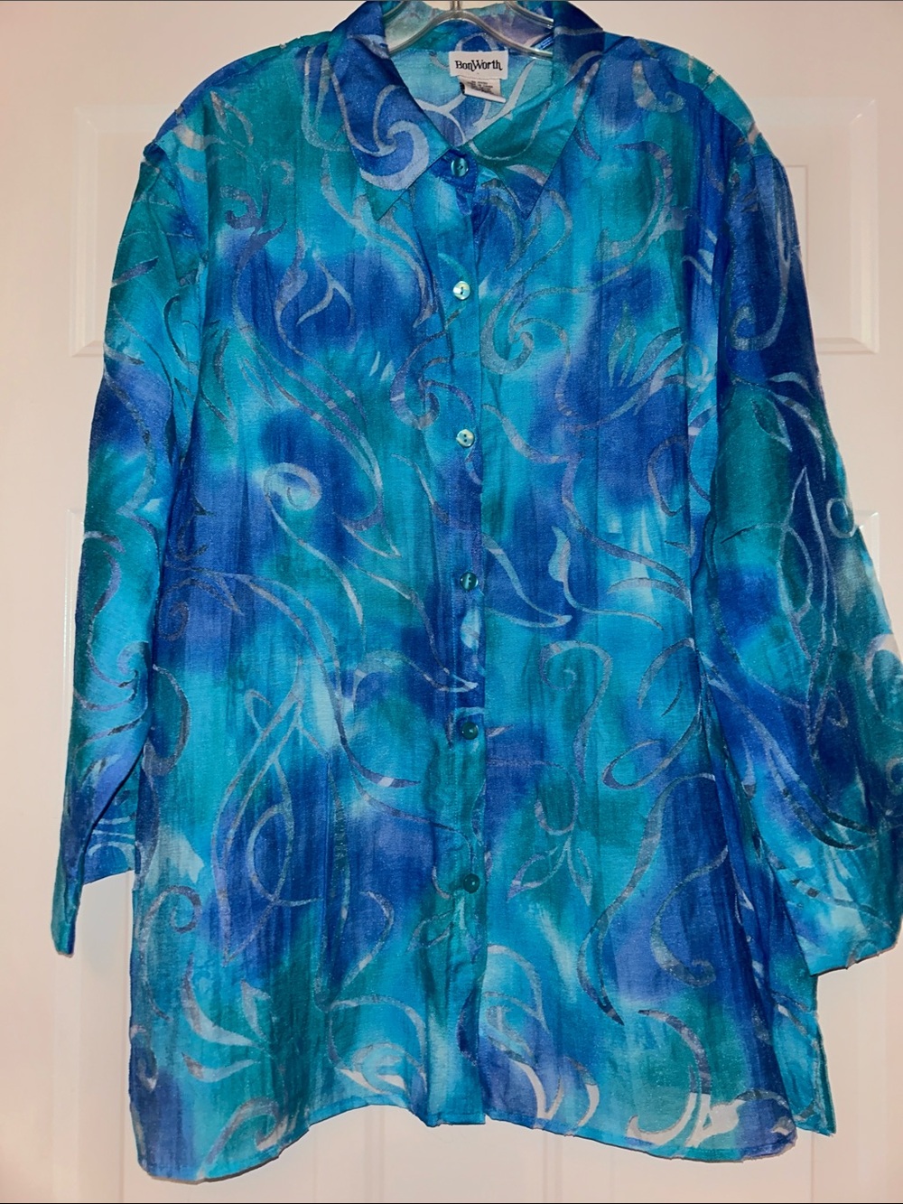 BonWorth Swirl Tunic Button Up Shirt XL Blue Semi-Sheer Swim Coverup Artsy